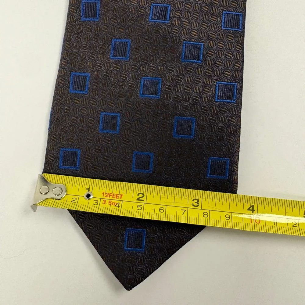 Canali Italy Silk Necktie Brown Blue Geometric Square Pattern Mens Tie 3.75